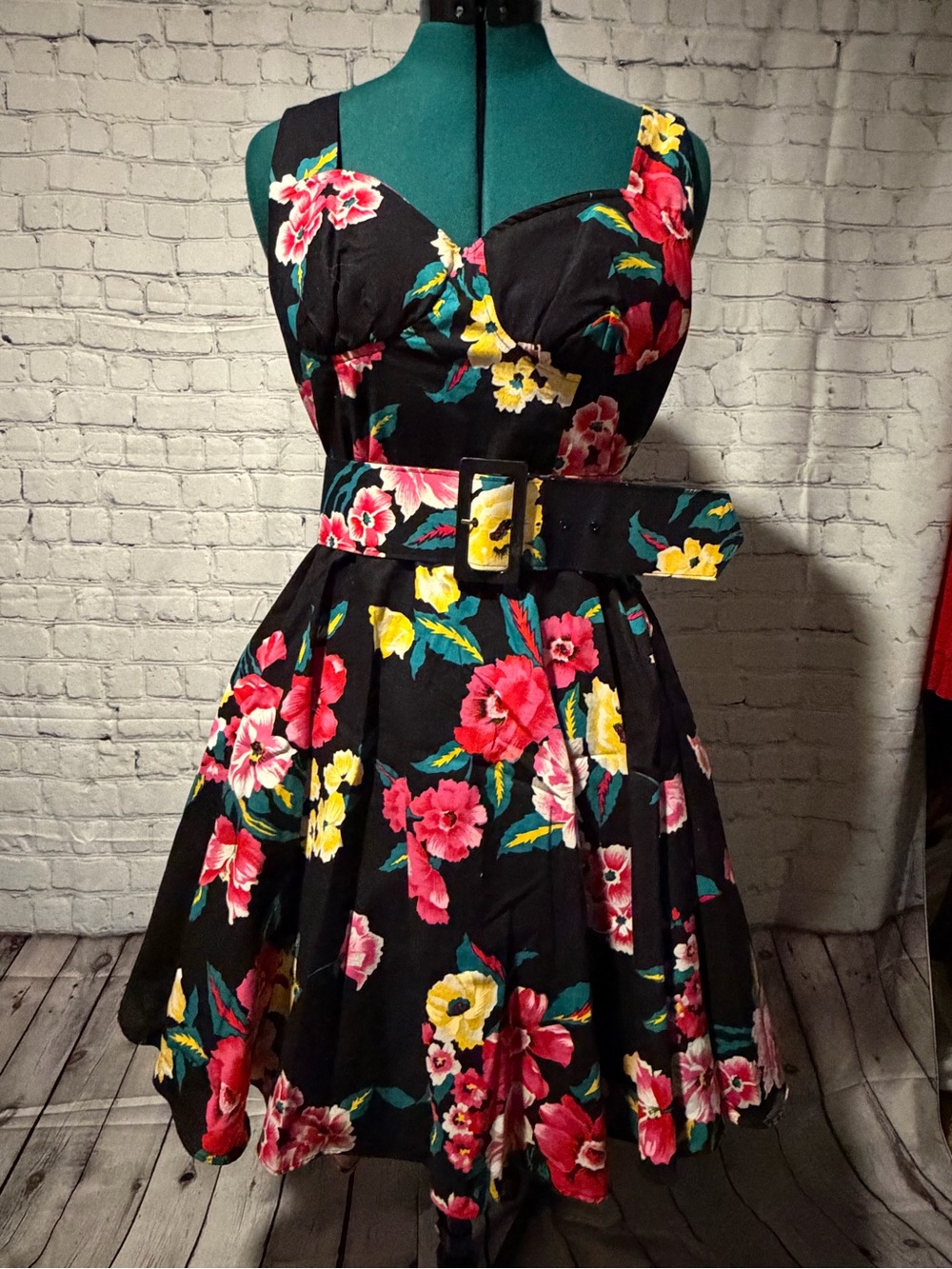 Vintage Sugar Black Floral Midi Dress with Belt